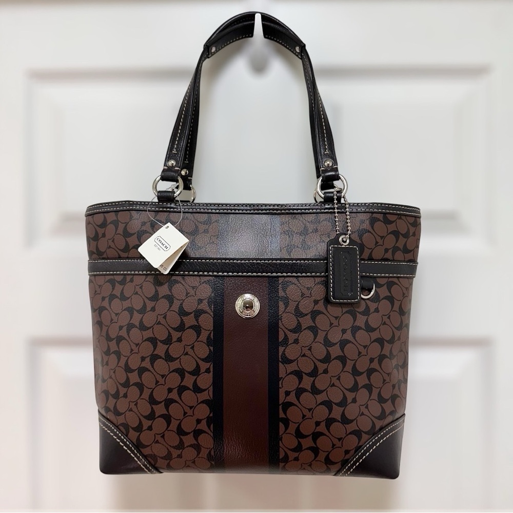 Coach Chelsea Heritage Stripe Signature Coated Canvas Leather Tote NWT